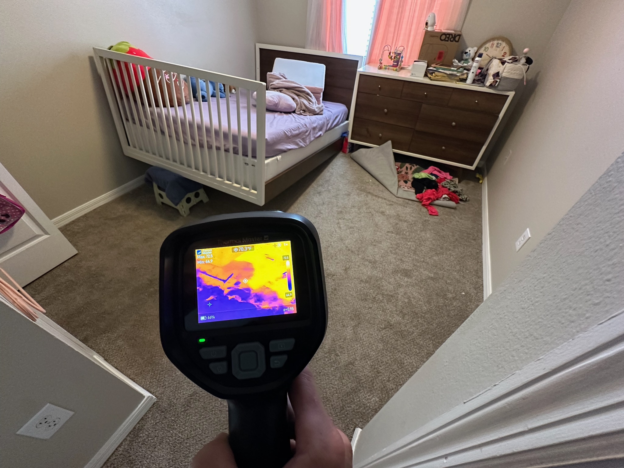 Tyler uses infrared camera to inspect soaking wet carpet in child’s room during St. Petersburg leak detection job