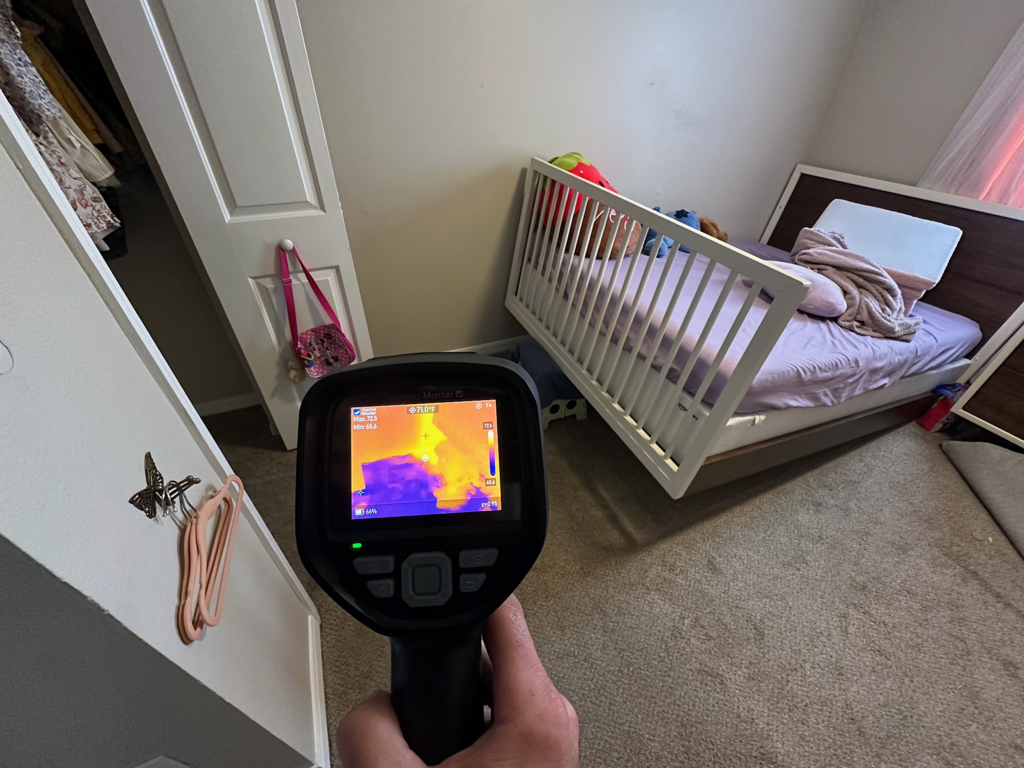 Tyler uses infrared camera to track wet carpet toward closet wall during St. Petersburg leak detection inspection