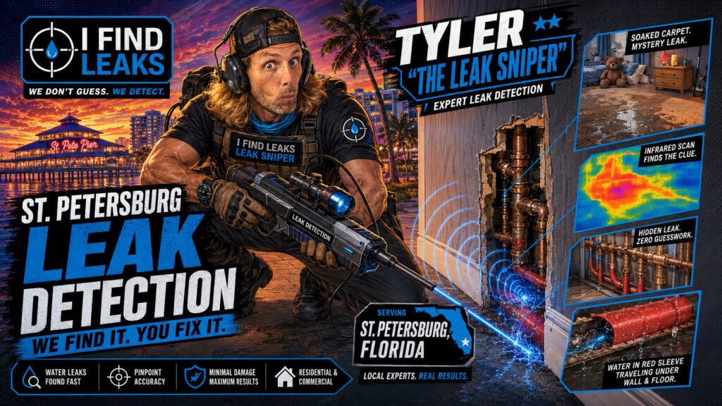 90s action cartoon illustration of Tyler “The Leak Sniper” finding a hidden copper pipe leak during a St. Petersburg leak detection job