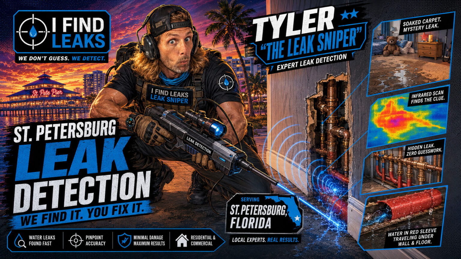 90s action cartoon illustration of Tyler “The Leak Sniper” finding a hidden copper pipe leak during a St. Petersburg leak detection job