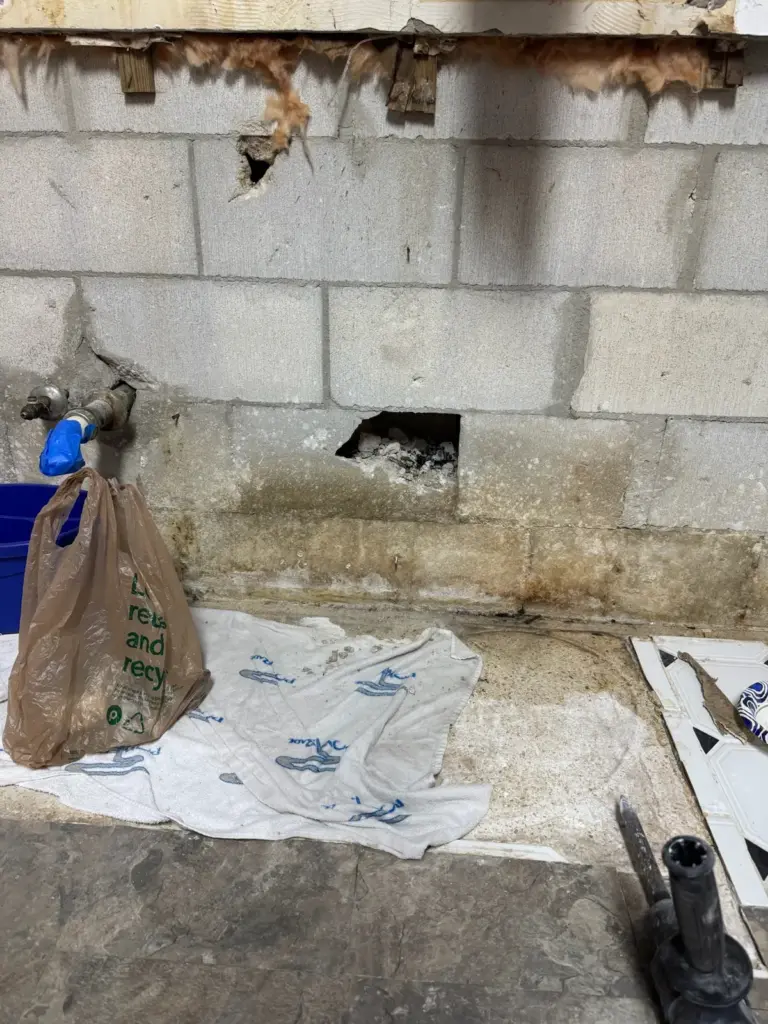 Concrete block wall with a small opening cut at floor level, drop cloths and a bucket on the floor.
