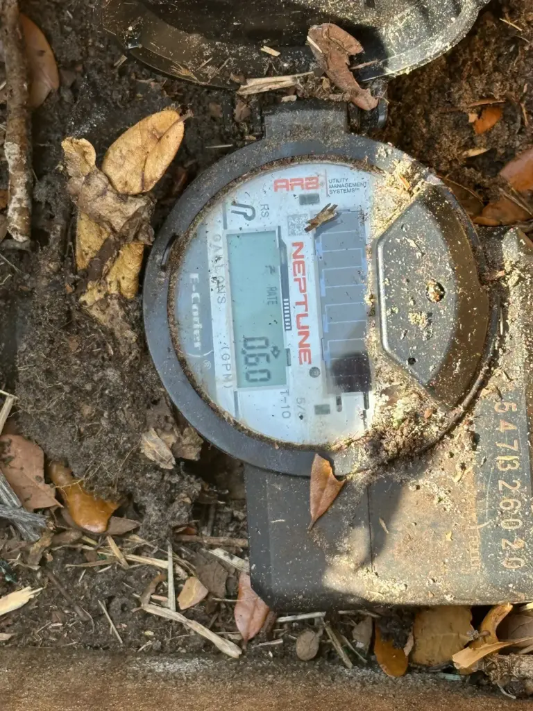 Digital water meter with a dirt-covered housing inside a meter box filled with dry leaves.