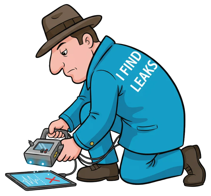 Cartoon of the I Find Leaks detective kneeling with an electronic leak detector