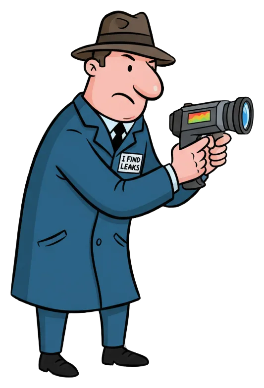 Cartoon of the I Find Leaks detective holding a thermal camera