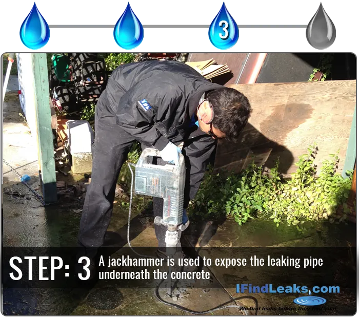 Step 3: A jackhammer is used to expose the leaking pipe underneath the concrete