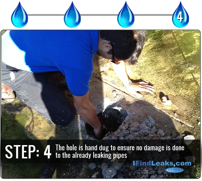 Step 4: The hole is hand dug to ensure no damage is done to the already leaking pipes