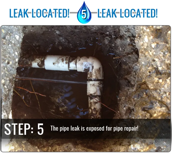 Step 5: Leak located! The pipe leak is exposed for pipe repair!