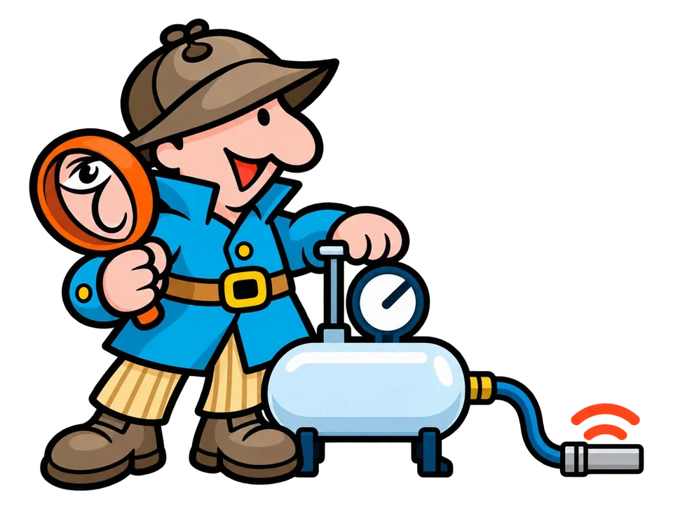 Cartoon of the I Find Leaks detective with an air tank and pressure gauge connected to a water line