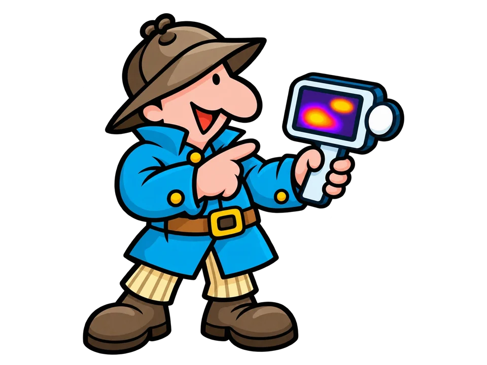 Cartoon of the I Find Leaks detective pointing at the screen of a thermal camera