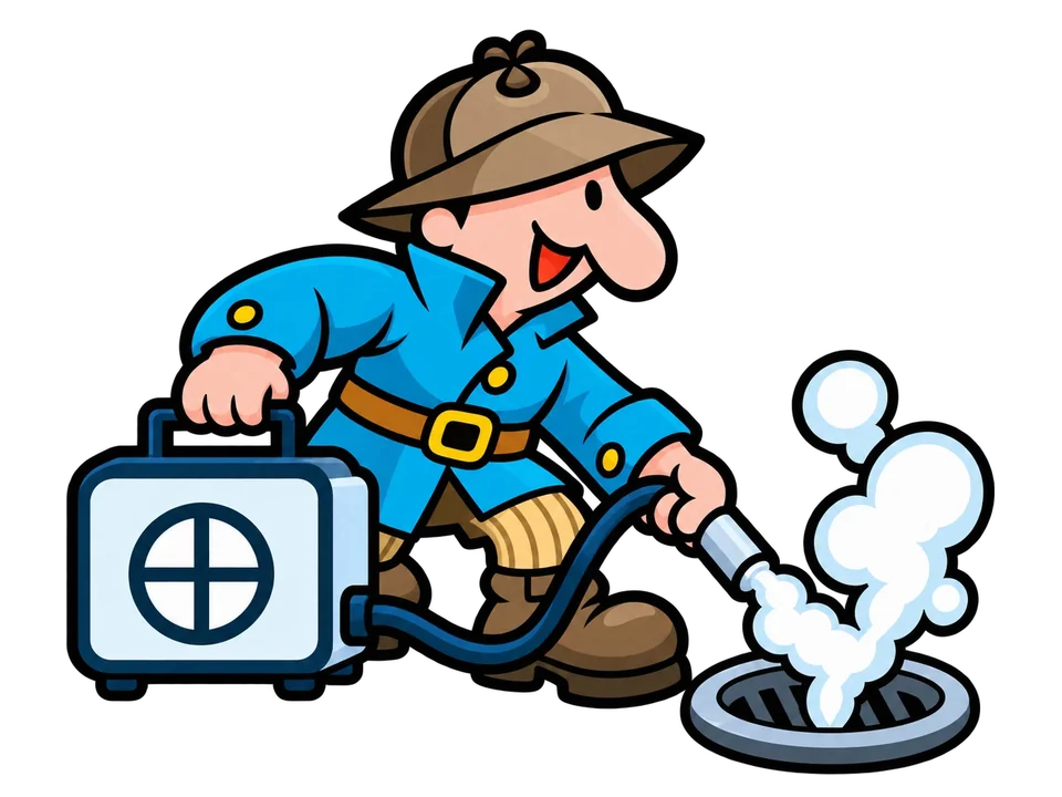 Cartoon of the I Find Leaks detective pushing smoke into a drain with a smoke machine