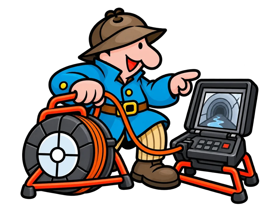 Cartoon of the I Find Leaks detective with a sewer camera reel and its monitor