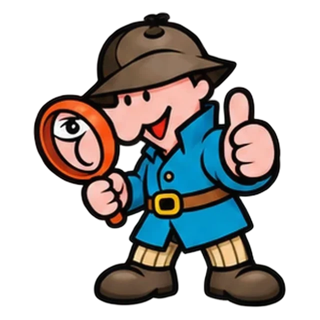 Cartoon of the I Find Leaks detective, Leak Man, giving a thumbs up with his magnifying glass