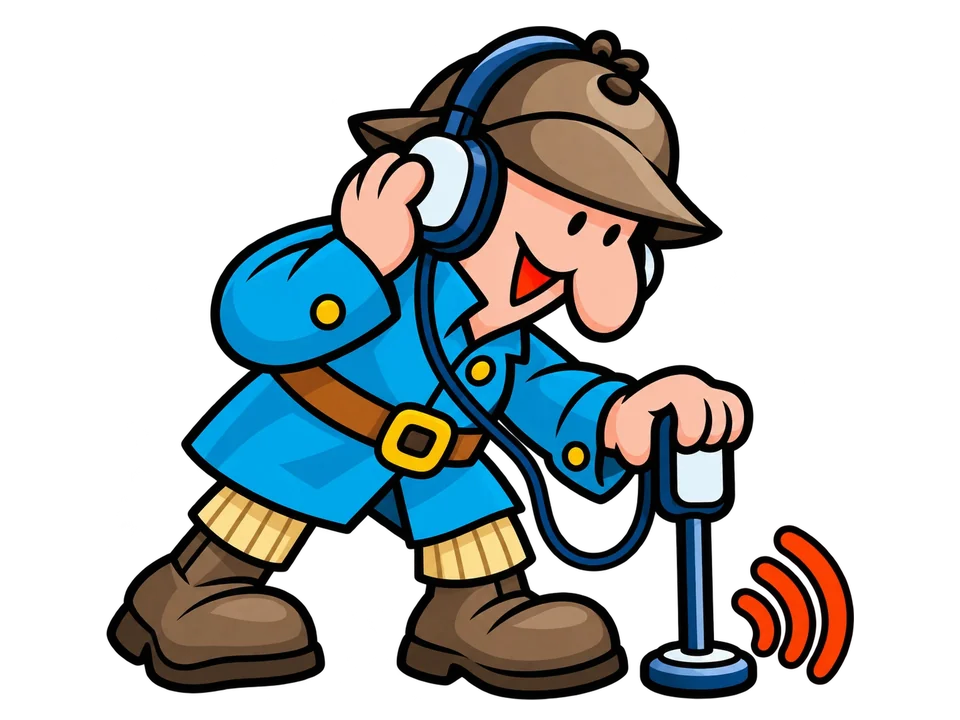 Cartoon of the I Find Leaks detective listening through headphones with an ultrasonic ground microphone