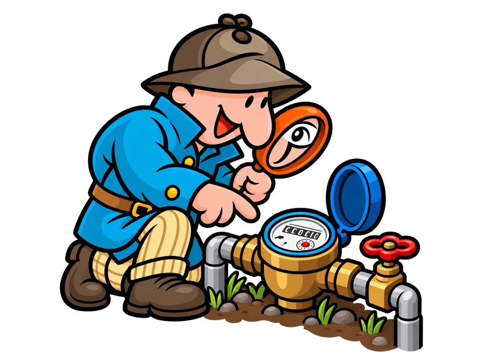 Cartoon of the I Find Leaks detective checking a water meter with a magnifying glass