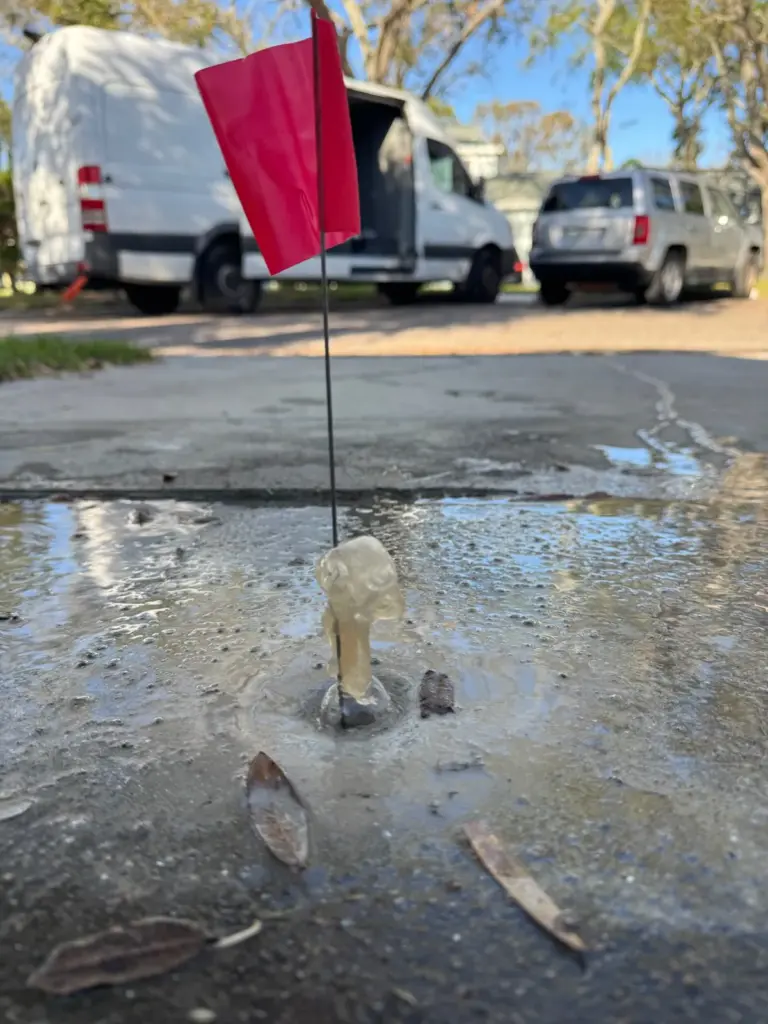 Water bubbling up through a crack in a concrete driveway beside a red marker flag, a white van behind.